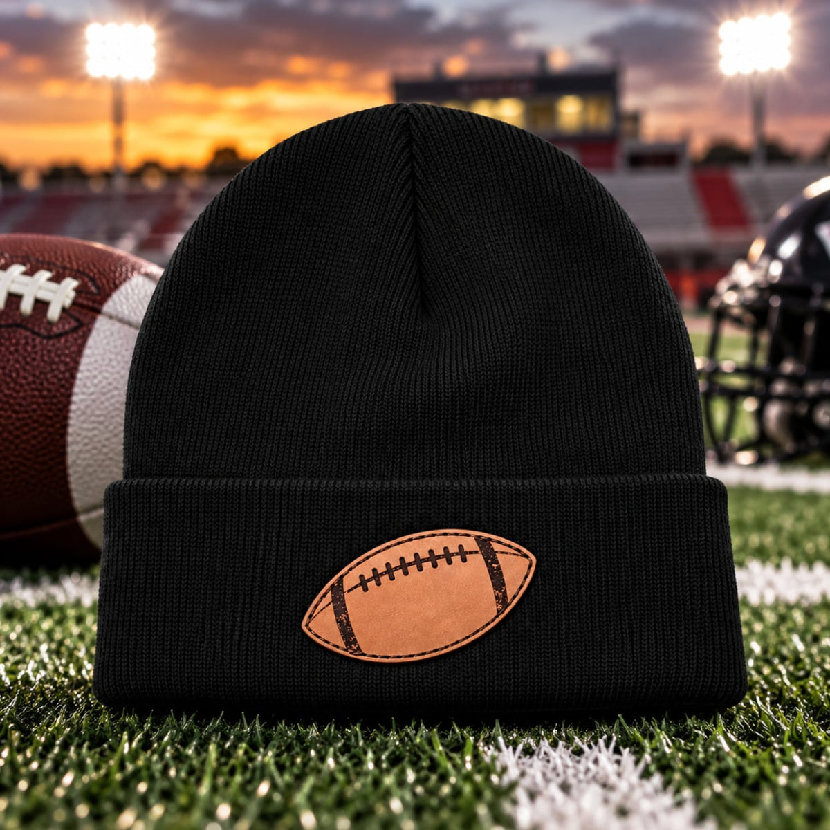Football Leather Patch Knit Beanie